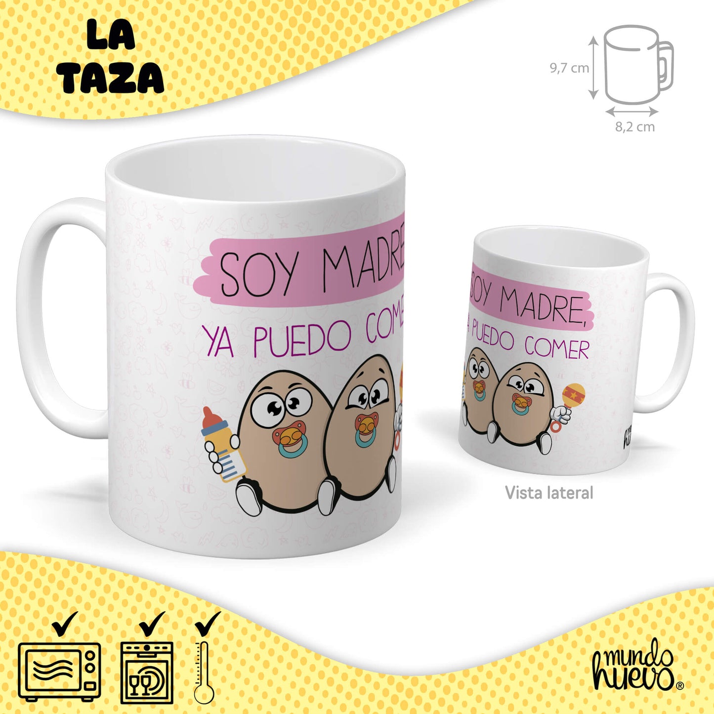 Taza Soy madre ya puedo comer huevos + Caramelos divertidos + Pulsera sorpresa