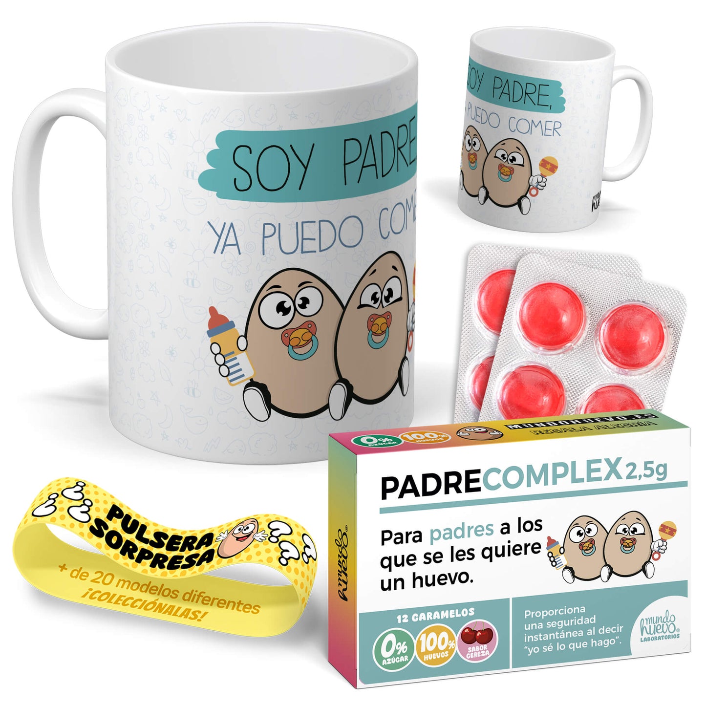 Taza Soy padre ya puedo comer huevos + Caramelos divertidos + Pulsera sorpresa