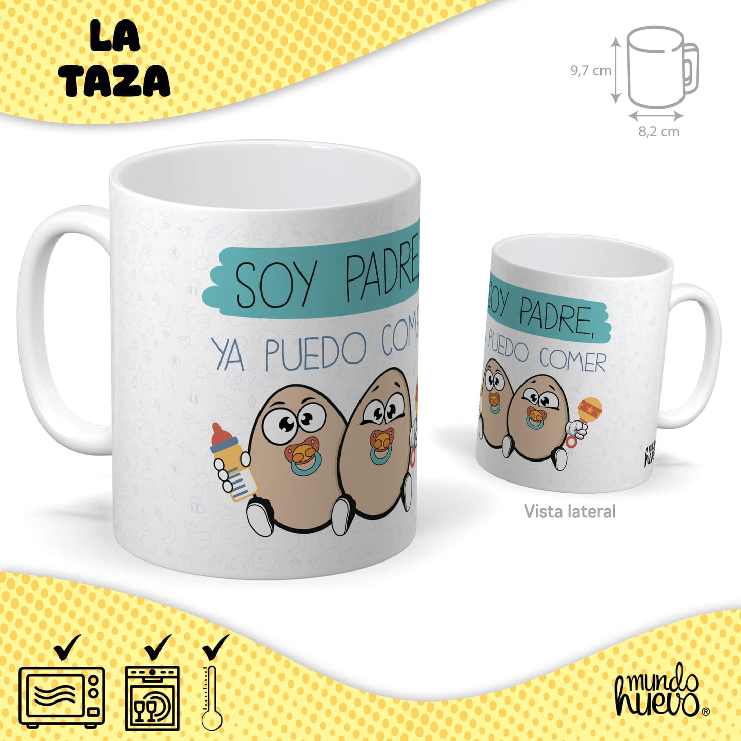 Taza Soy padre ya puedo comer huevos + Caramelos divertidos + Pulsera sorpresa