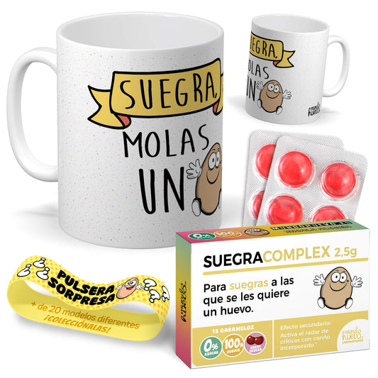 Taza Suegra molas un huevo + Caramelos divertidos + Pulsera sorpresa