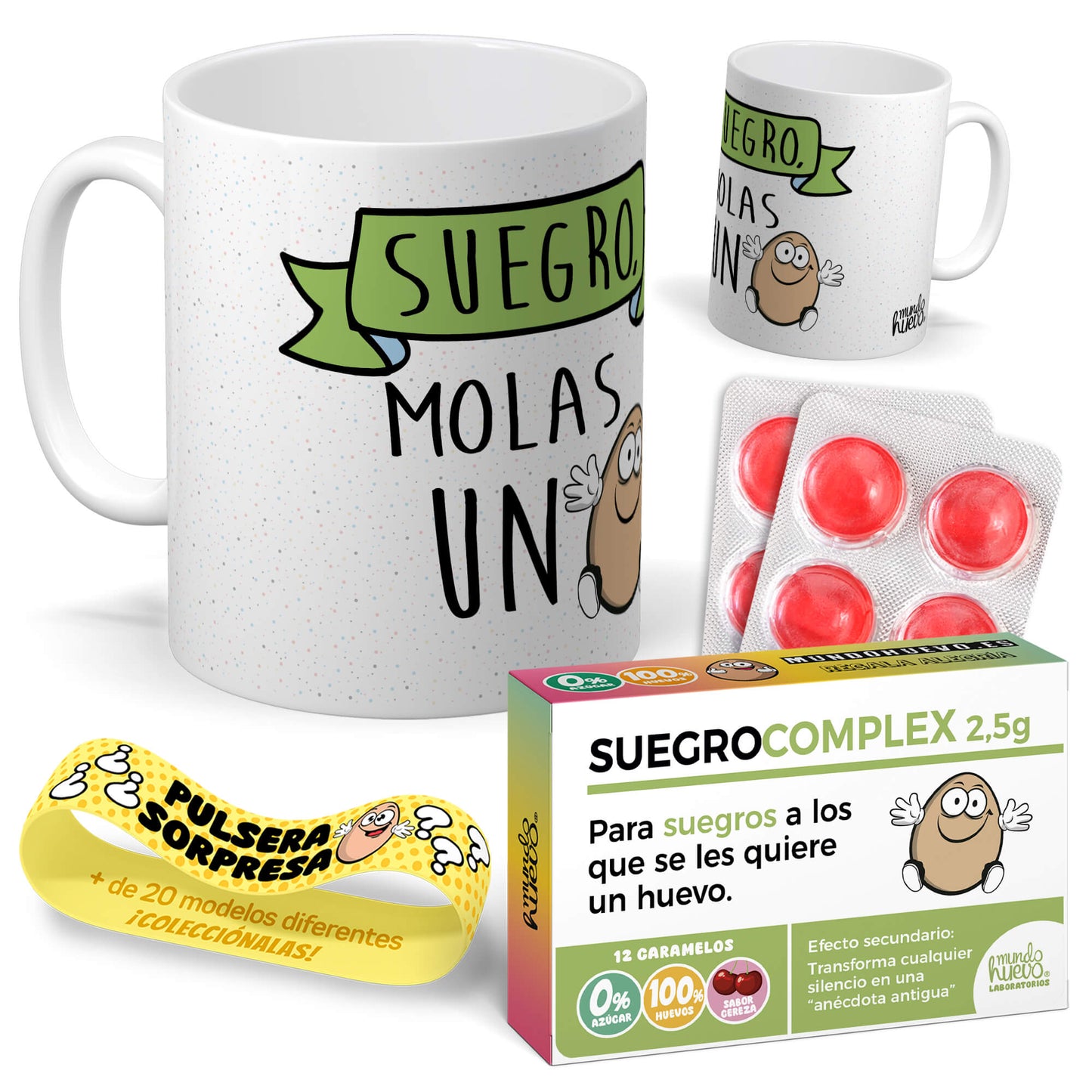Taza Suegro molas un huevo + Caramelos divertidos + Pulsera sorpresa