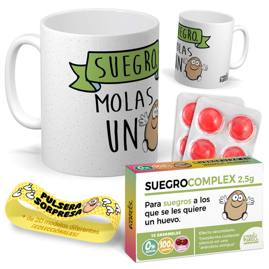 Taza Suegro molas un huevo + Caramelos divertidos + Pulsera sorpresa