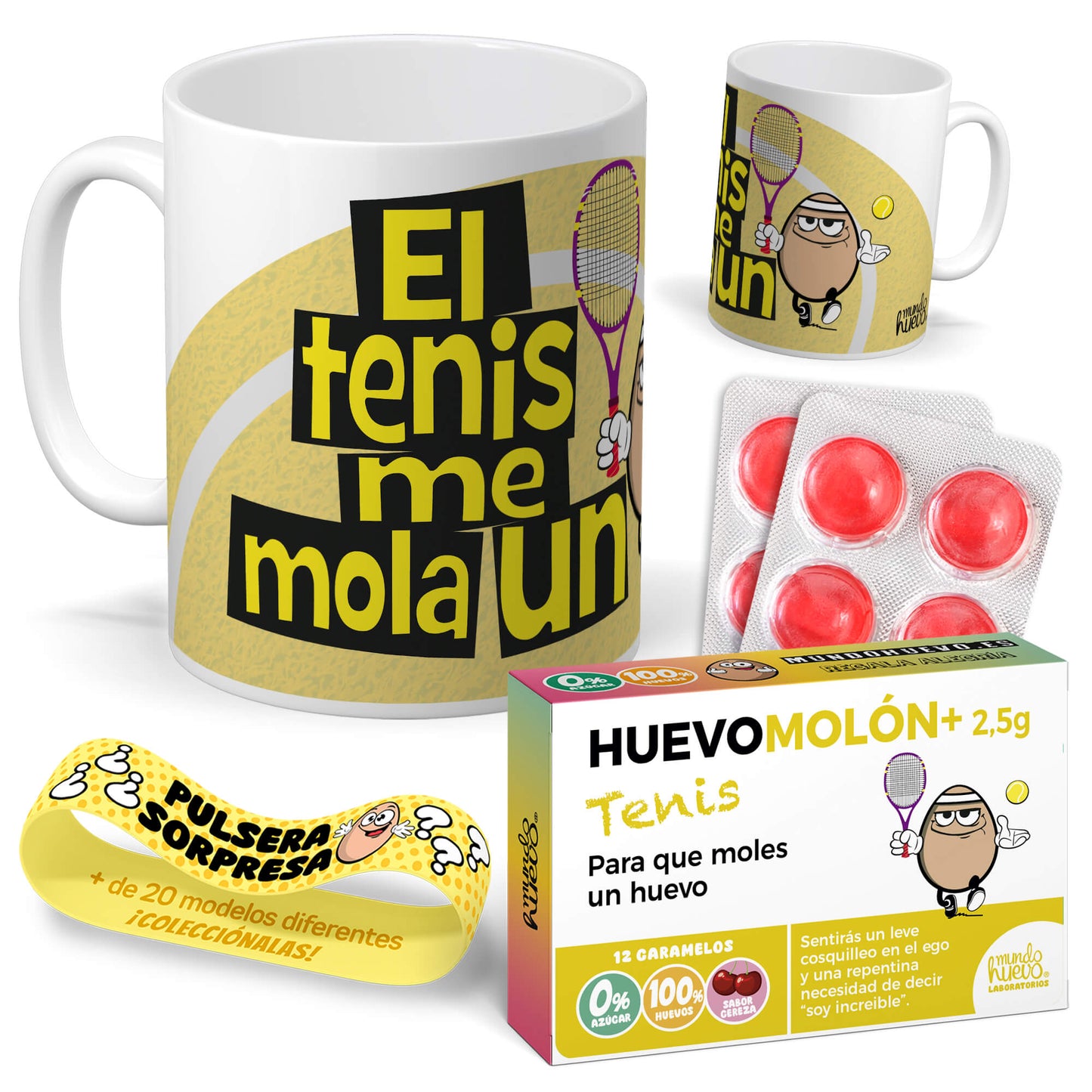 Taza El tenis me mola un huevo + Caramelos divertidos + Pulsera sorpresa