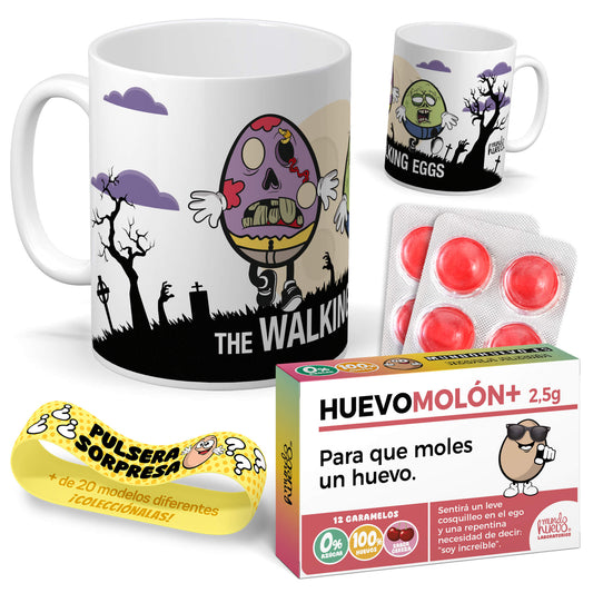 Taza The Walking Eggs + Caramelos divertidos + Pulsera sorpresa