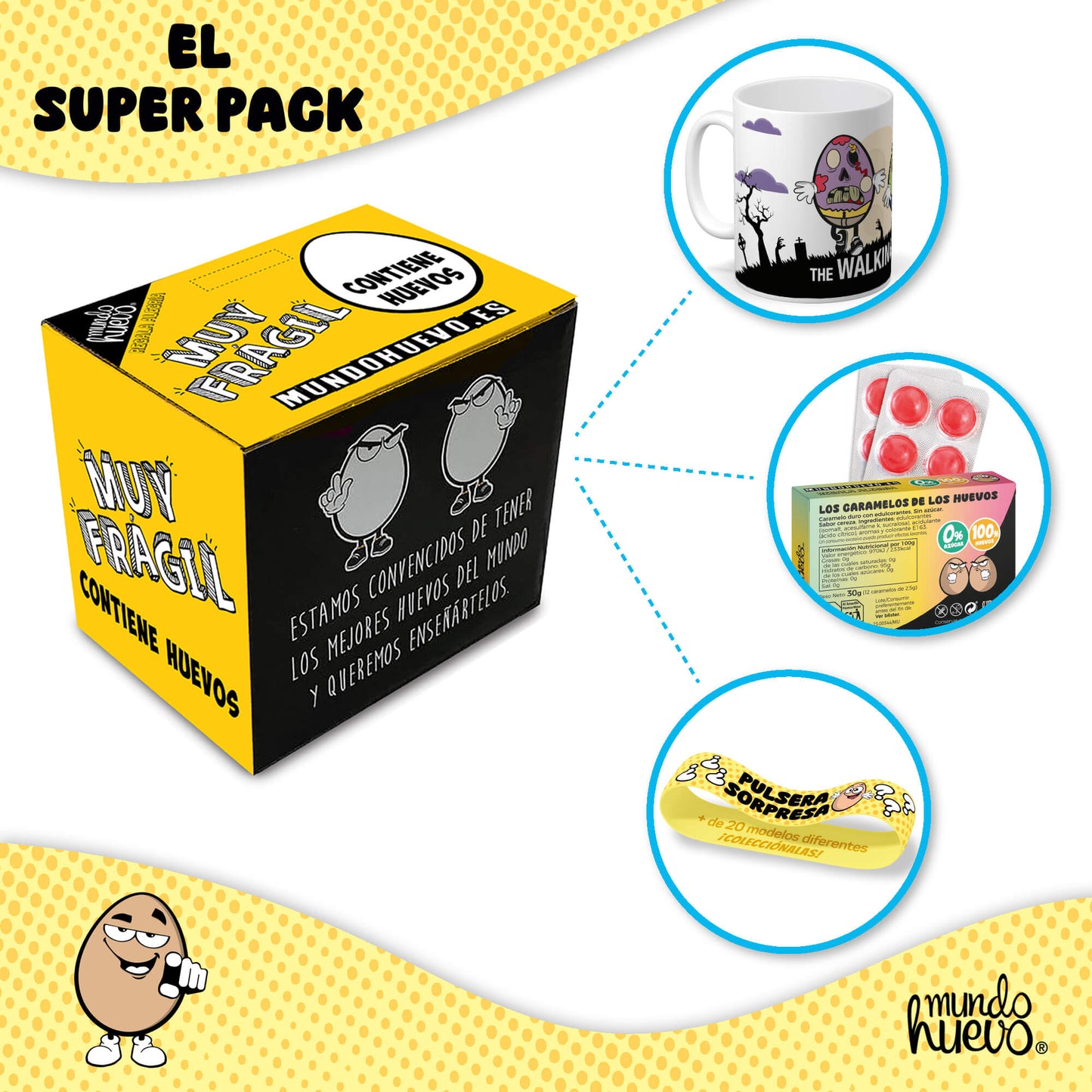 Taza The Walking Eggs + Caramelos divertidos + Pulsera sorpresa