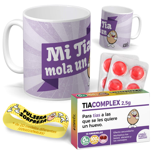 Taza Mi tia mola un huevo + Caramelos divertidos + Pulsera sorpresa