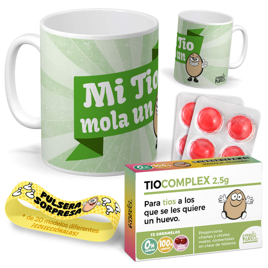 Taza Mi tio mola un huevo + Caramelos divertidos + Pulsera sorpresa