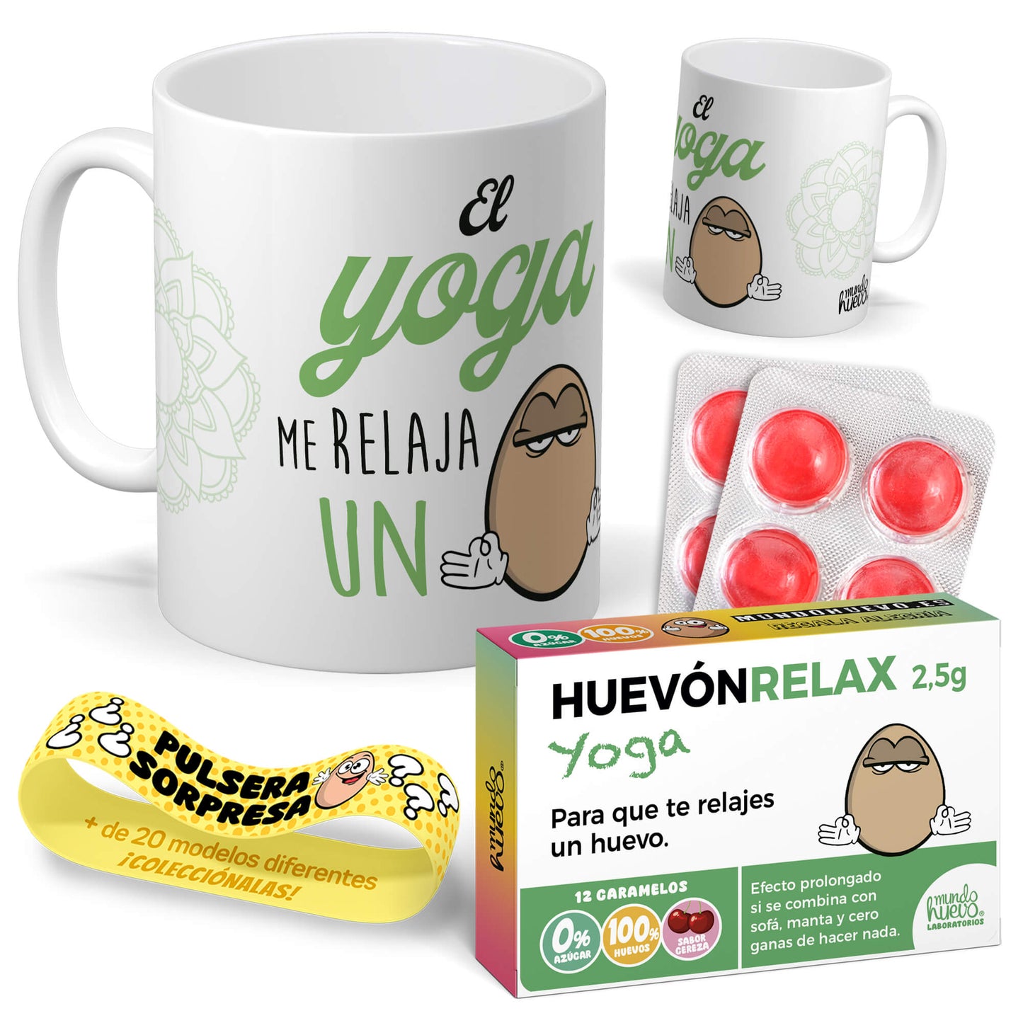 Taza El yoga me relaja un huevo + Caramelos divertidos + Pulsera sorpresa