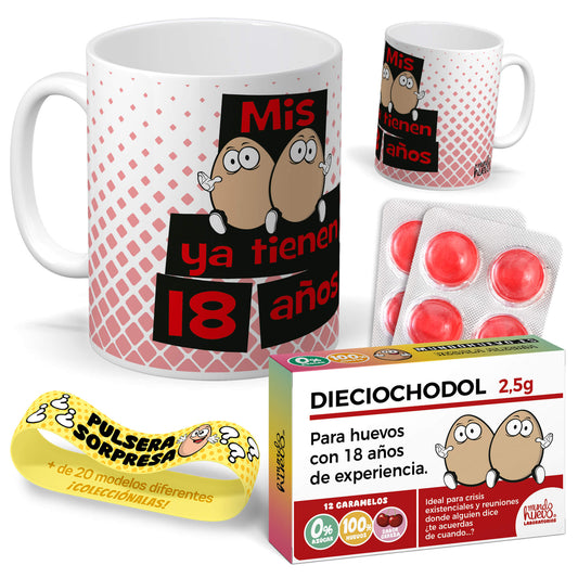Taza Mis huevos ya tienen 18 años + Caramelos divertidos + Pulsera sorpresa