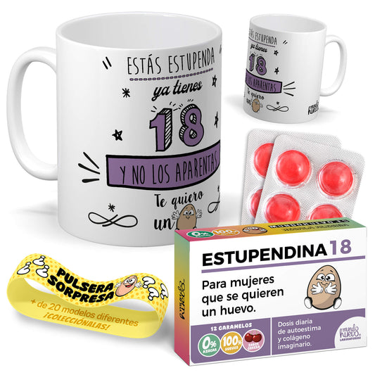 Taza Ya tienes 18 y no los aparentas + Caramelos divertidos + Pulsera sorpresa