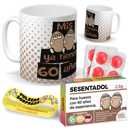 Taza Mis huevos ya tienen 60 años + Caramelos divertidos + Pulsera sorpresa