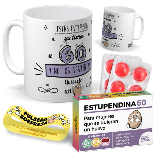 Taza Ya tienes 60 y no los aparentas + Caramelos divertidos + Pulsera sorpresa