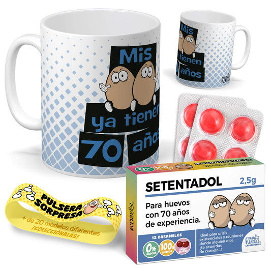 Taza Mis huevos ya tienen 70 años + Caramelos divertidos + Pulsera sorpresa