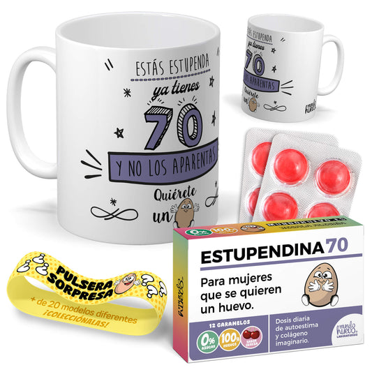 Taza Ya tienes 70 y no los aparentas + Caramelos divertidos + Pulsera sorpresa