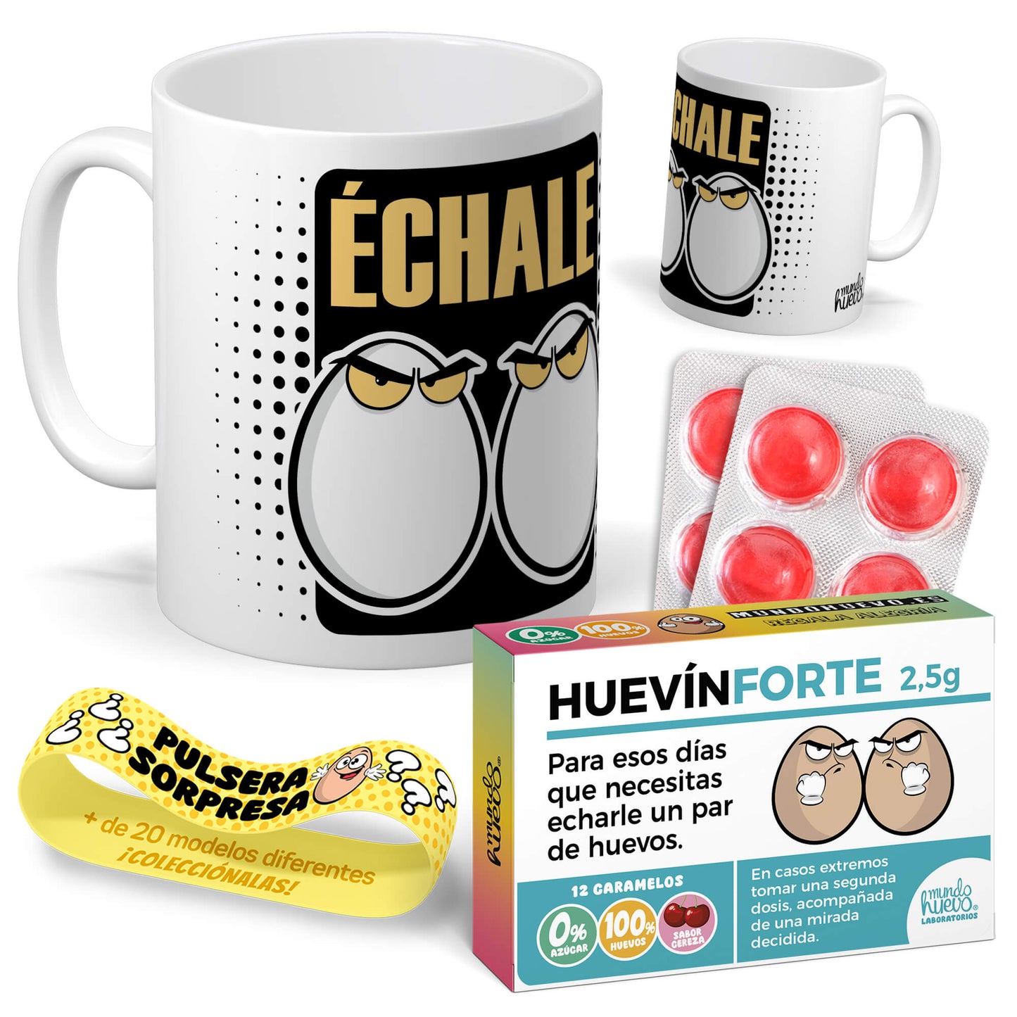 Taza Échale huevos + Caramelos divertidos + Pulsera sorpresa