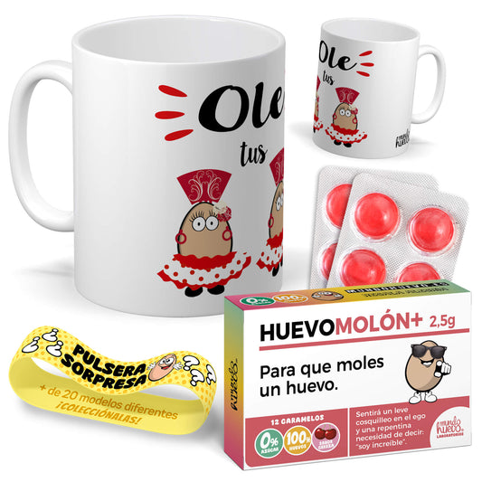 Taza Ole tus huevos + Caramelos divertidos + Pulsera sorpresa