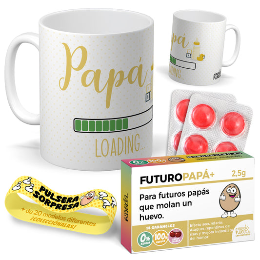 Taza PAPA LOADING + Caramelos divertidos + Pulsera sorpresa.