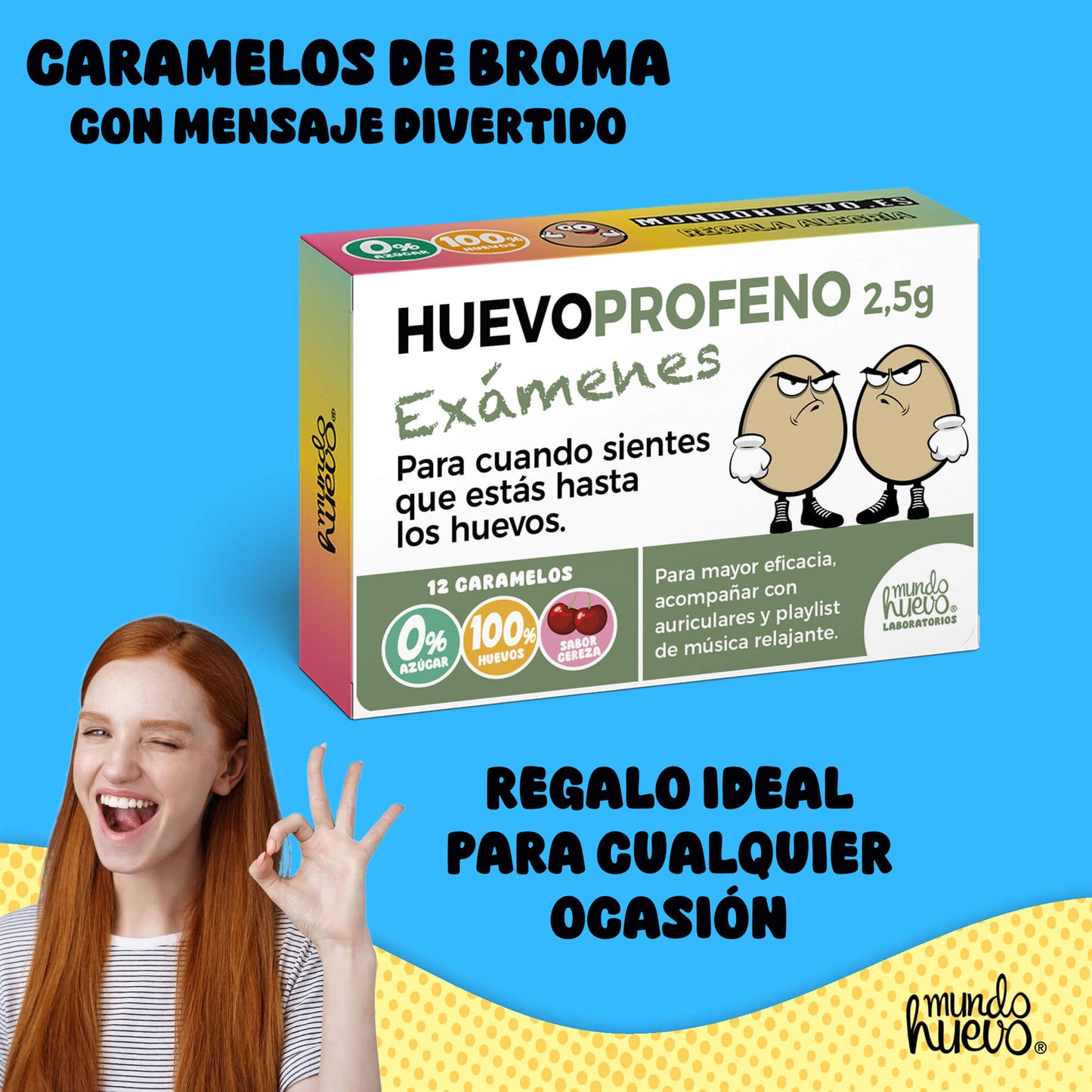 Caramelos de broma | HUEVOPROFENO EXÁMENES | Caja Regalo Divertido con 12 caramelos sin azúcar